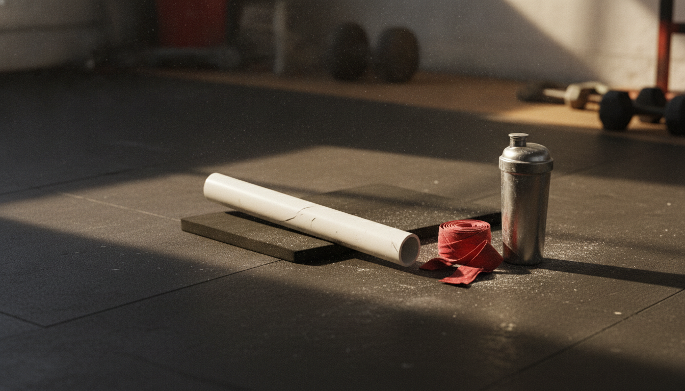 A PVC pipe balance bar and foam balance pad on a gym floor with hand wraps and a shaker bottle
