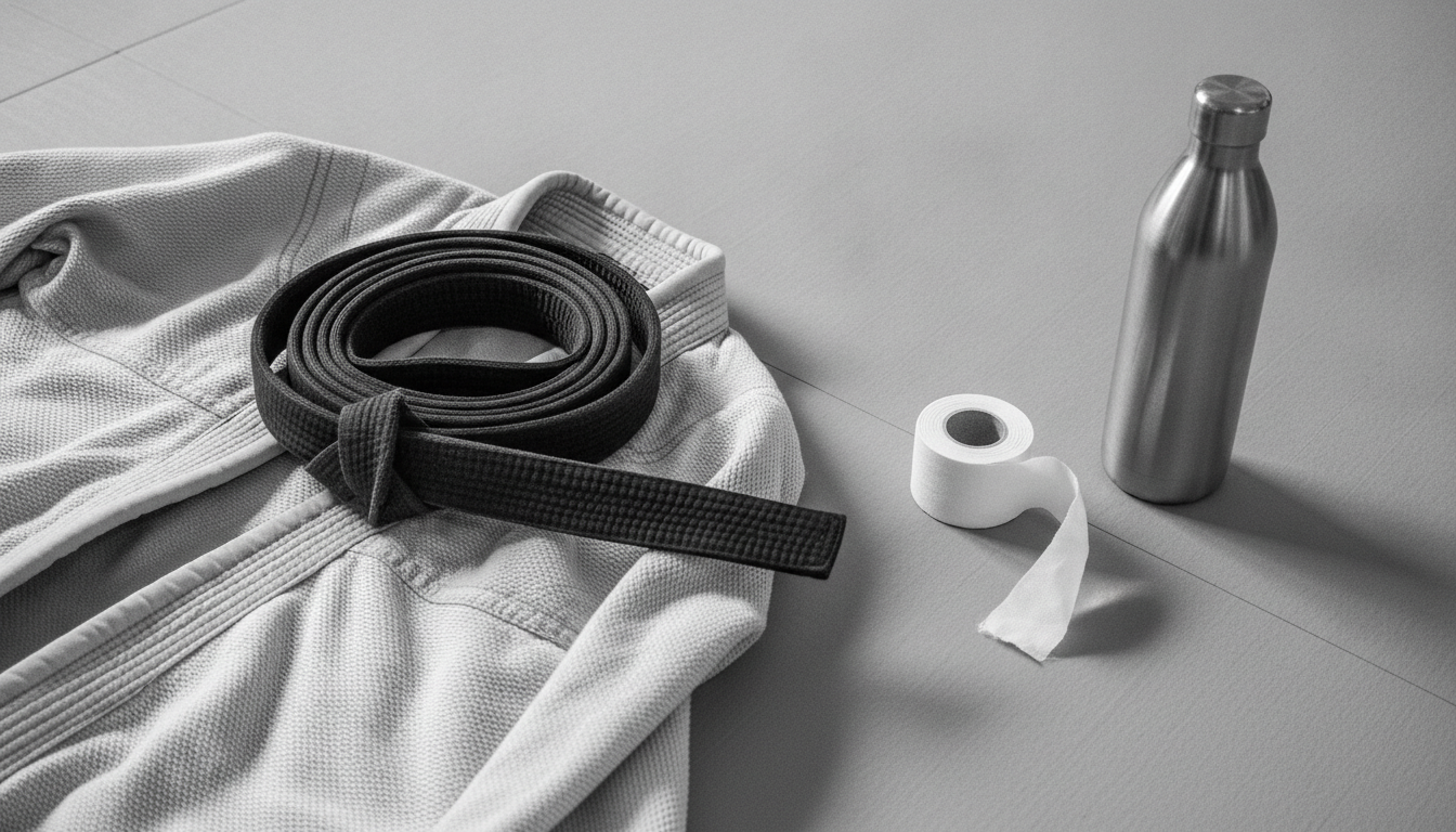 Black-and-white still life of a folded BJJ gi with a coiled black belt, roll of athletic tape, and a stainless water bottle