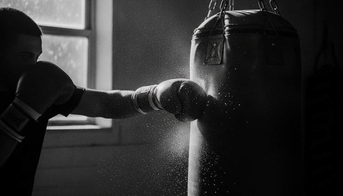 Black and white documentary photo of a boxer's wrapped fist striking a heavy bag