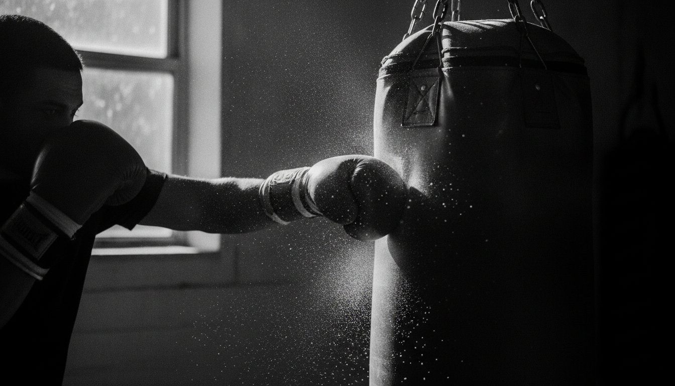 Black and white documentary photo of a boxer's wrapped fist striking a heavy bag