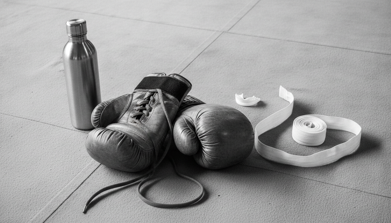 Boxing gloves, hand wraps, mouthguard, and water bottle laid out on a canvas ring floor