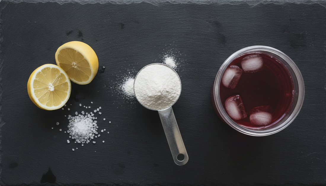 Flat-lay of a scoop of powder, lemon halves, salt crystals and a red drink on a slate surface