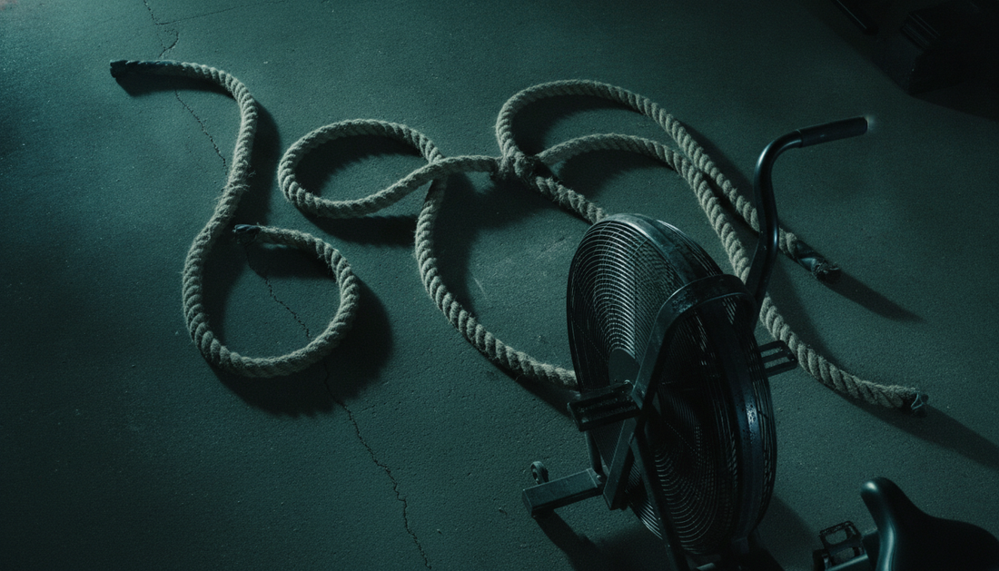 Battle ropes and an assault bike on a concrete gym floor under teal light
