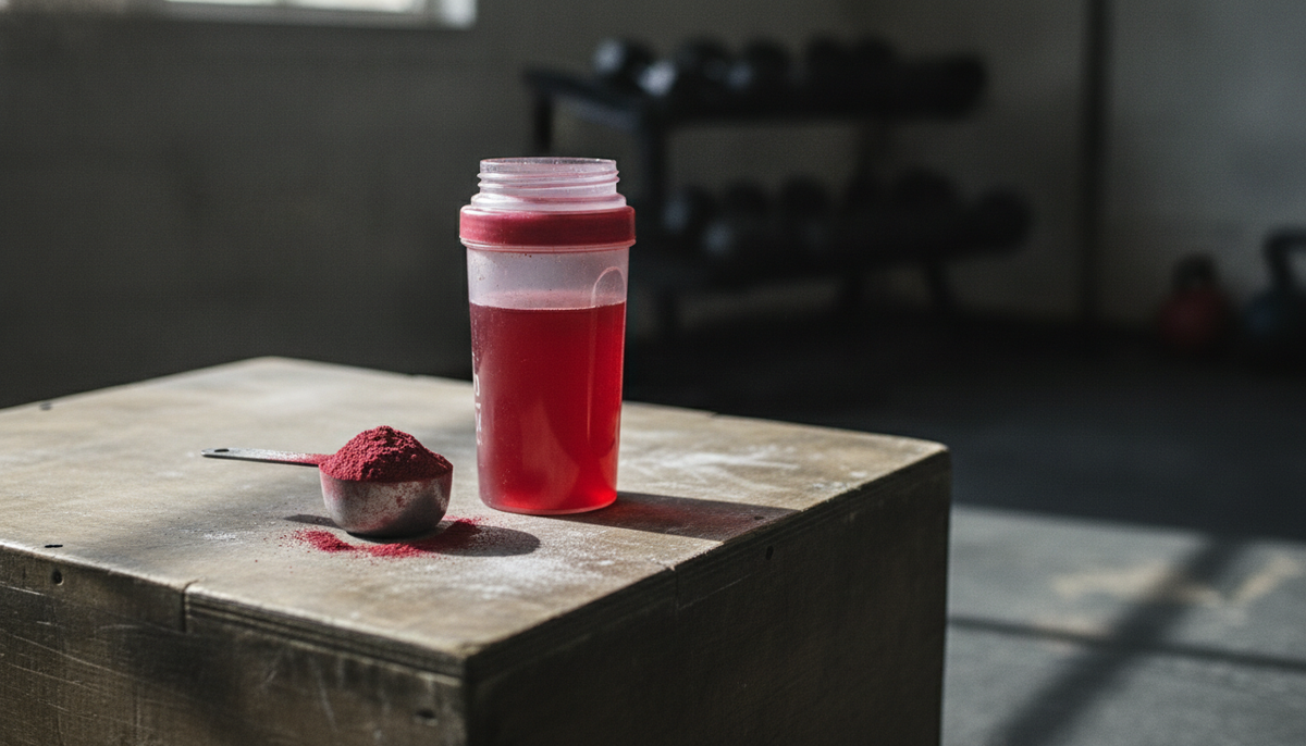 Clear shaker bottle of red pre-workout drink and a scoop of powder on a chalk-dusted plyo box in a gym