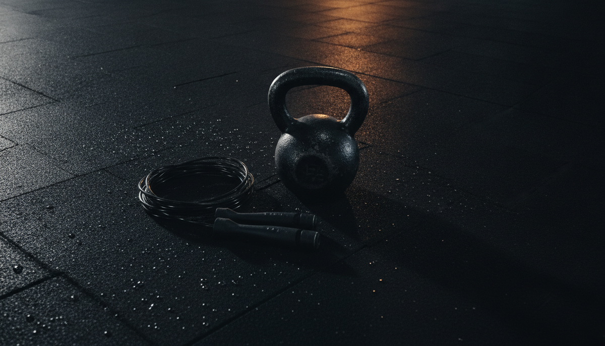 Kettlebell and jump rope on a black rubber gym floor under dim light