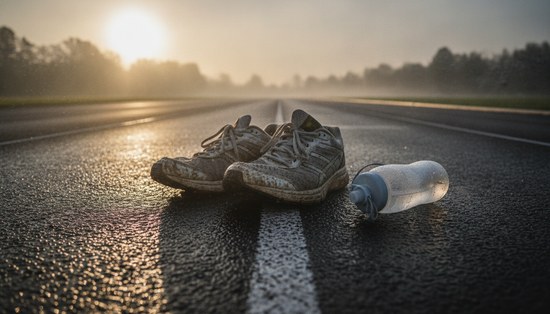 Worn running shoes and a water bottle on a wet track at sunrise