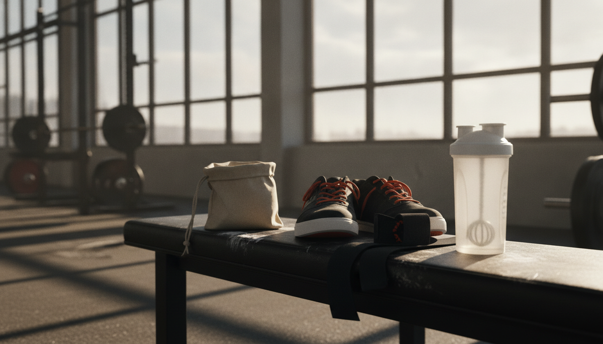 Lifting shoes, chalk bag, wrist wraps and a shaker bottle on a gym bench in morning light