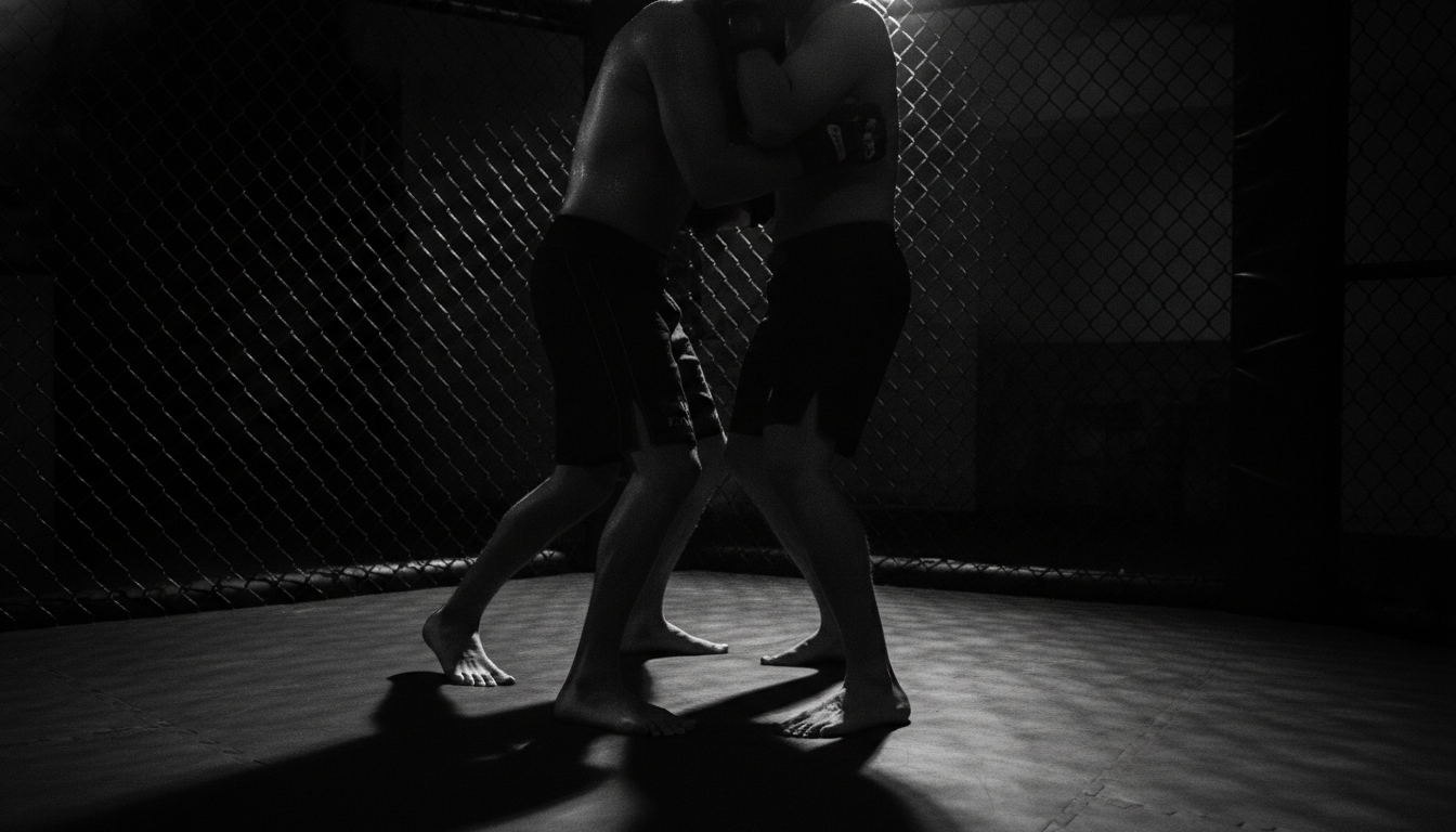 Black and white documentary photo of two silhouetted MMA fighters in a clinch against cage fencing