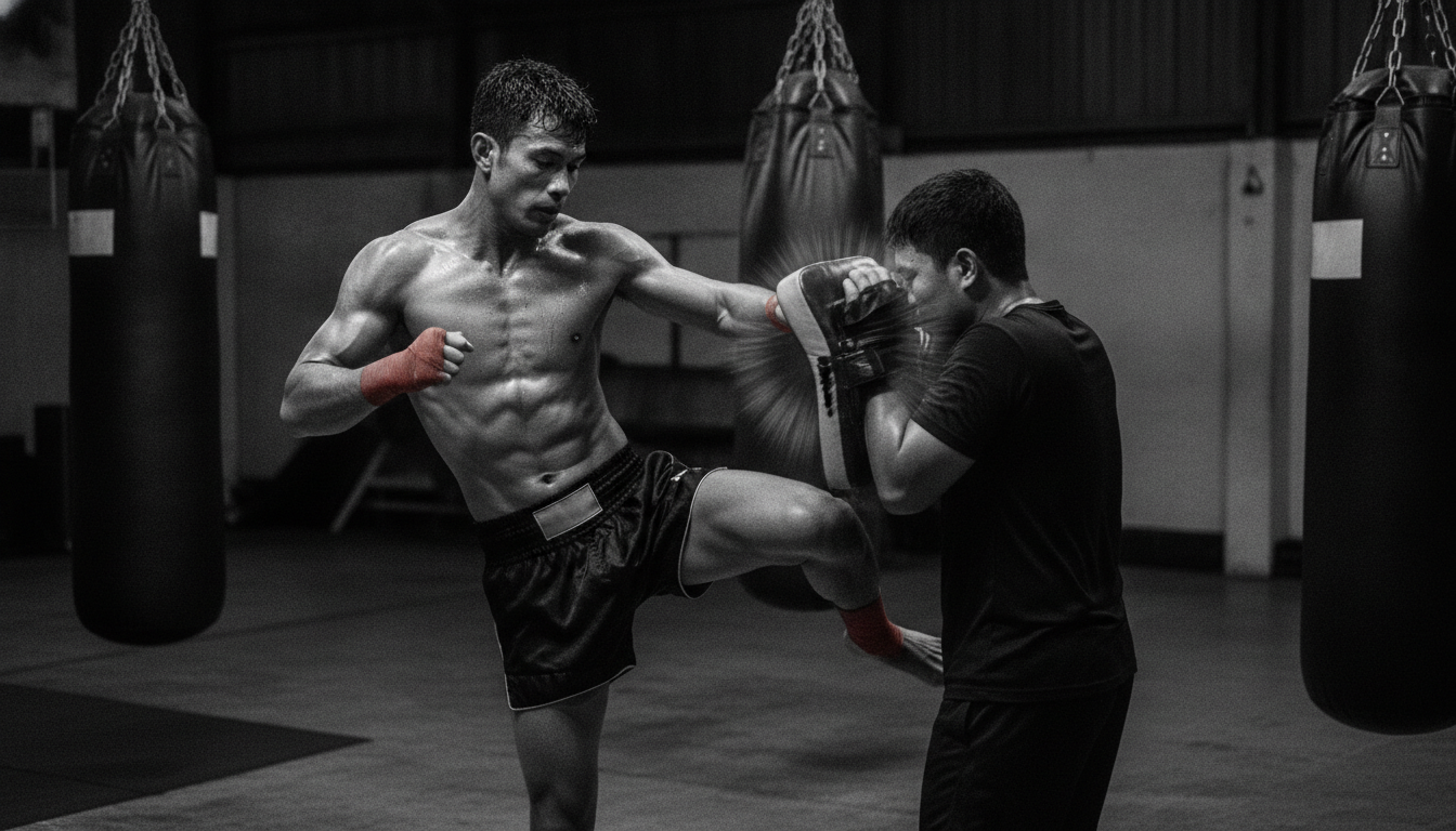Muay Thai fighter delivering a knee strike into a Thai pad in the clinch, gym heavy bags in the background