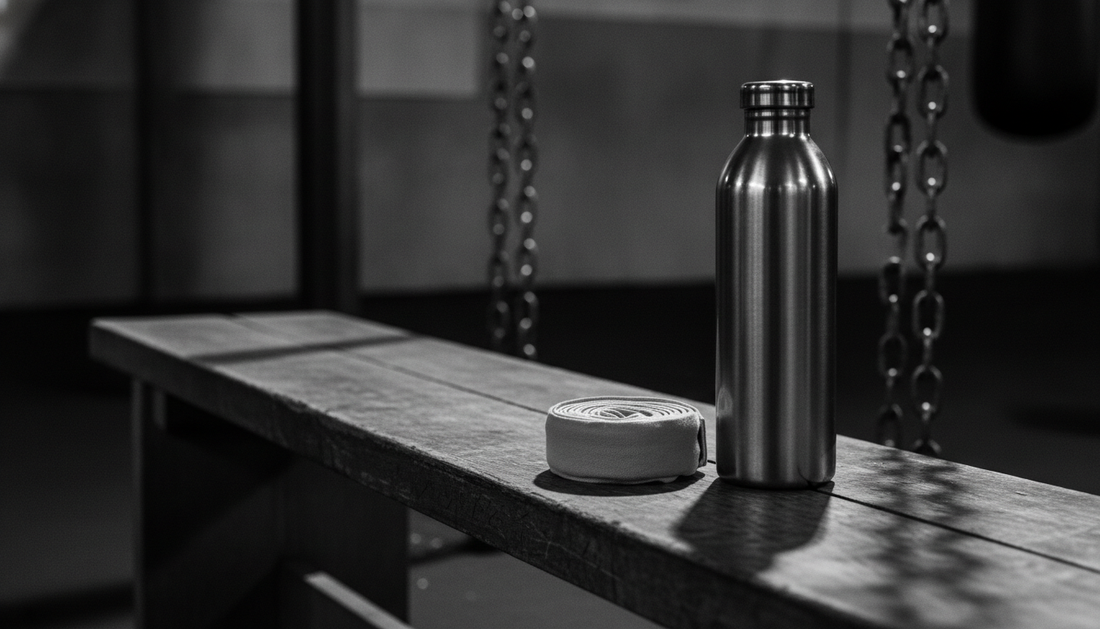 Hand wraps and a water bottle on a gym bench with heavy bag chains in the background