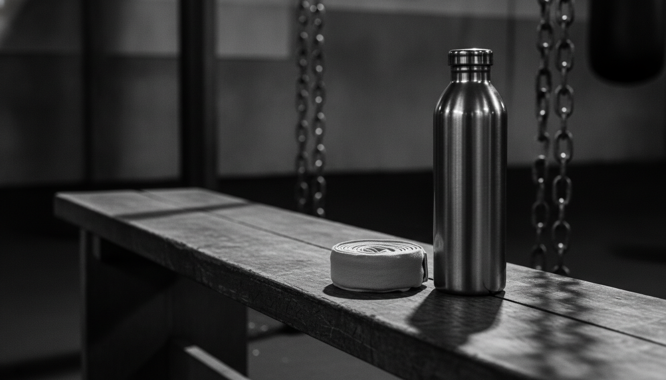 Hand wraps and a water bottle on a gym bench with heavy bag chains in the background