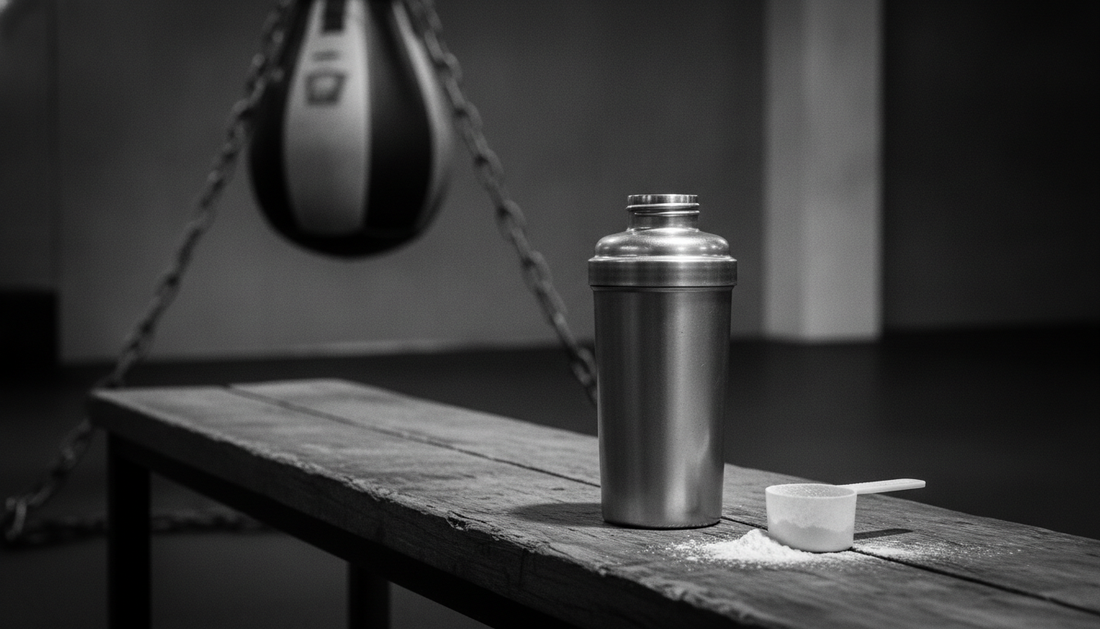 Shaker bottle and supplement scoop on a gym bench with a heavy bag in the background