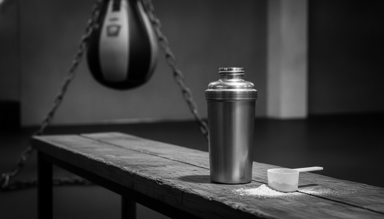 Shaker bottle and supplement scoop on a gym bench with a heavy bag in the background