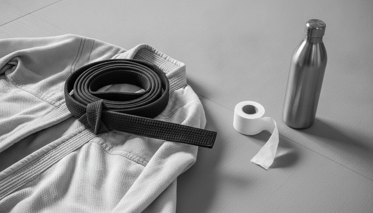 Black-and-white still life of a folded BJJ gi with a coiled black belt, roll of athletic tape, and a stainless water bottle