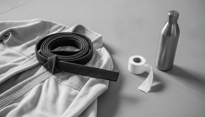 Black-and-white still life of a folded BJJ gi with a coiled black belt, roll of athletic tape, and a stainless water bottle