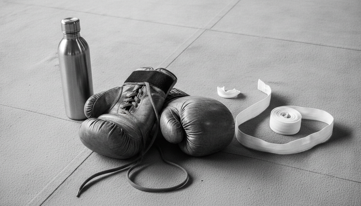 Boxing gloves, hand wraps, mouthguard, and water bottle laid out on a canvas ring floor