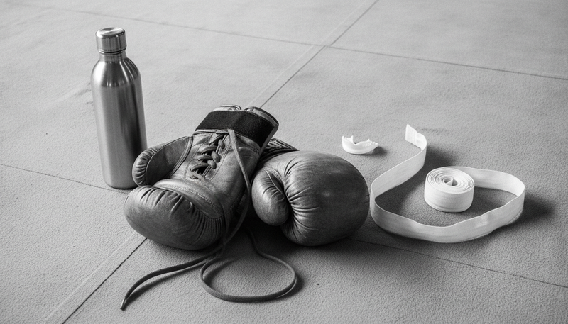 Boxing gloves, hand wraps, mouthguard, and water bottle laid out on a canvas ring floor