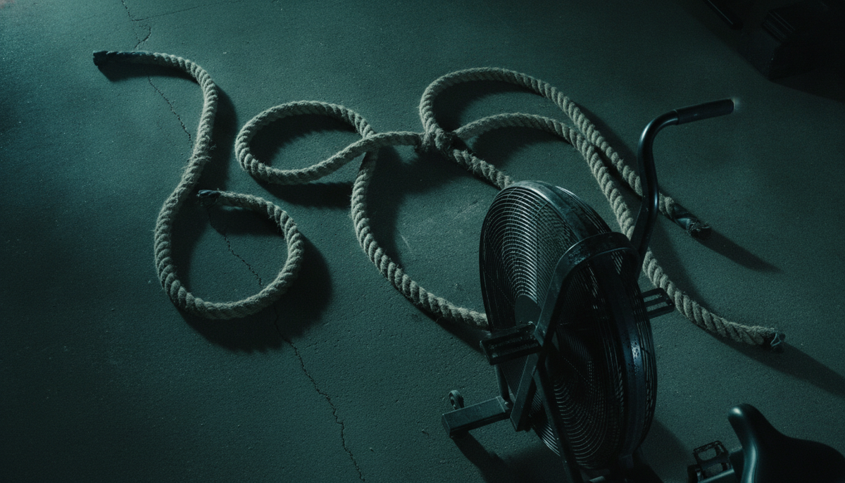 Battle ropes and an assault bike on a gym floor