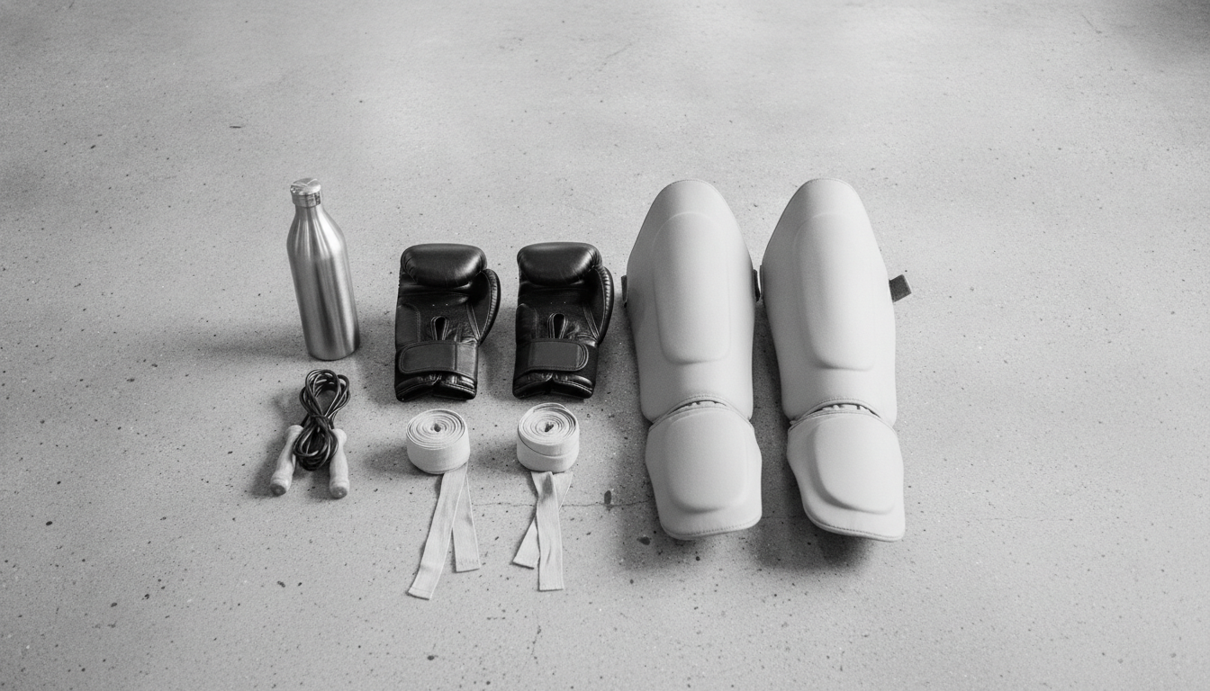 Black-and-white still life of Muay Thai gear: boxing gloves, full-length shin guards, hand wraps, jump rope, and a water bottle
