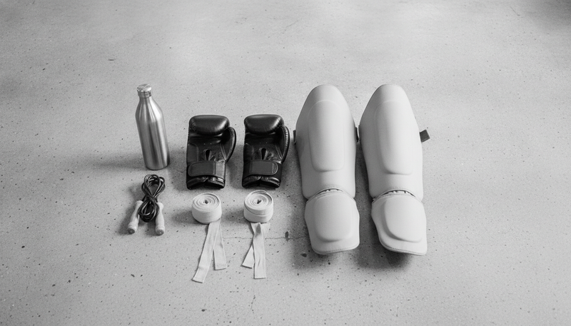 Black-and-white still life of Muay Thai gear: boxing gloves, full-length shin guards, hand wraps, jump rope, and a water bottle