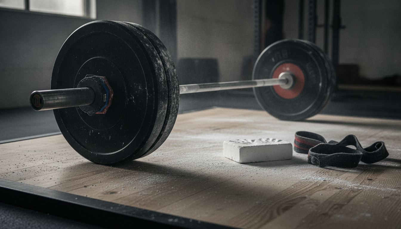 Chalk-dusted barbell, chalk block, and lifting wrist wraps on a weight-room platform