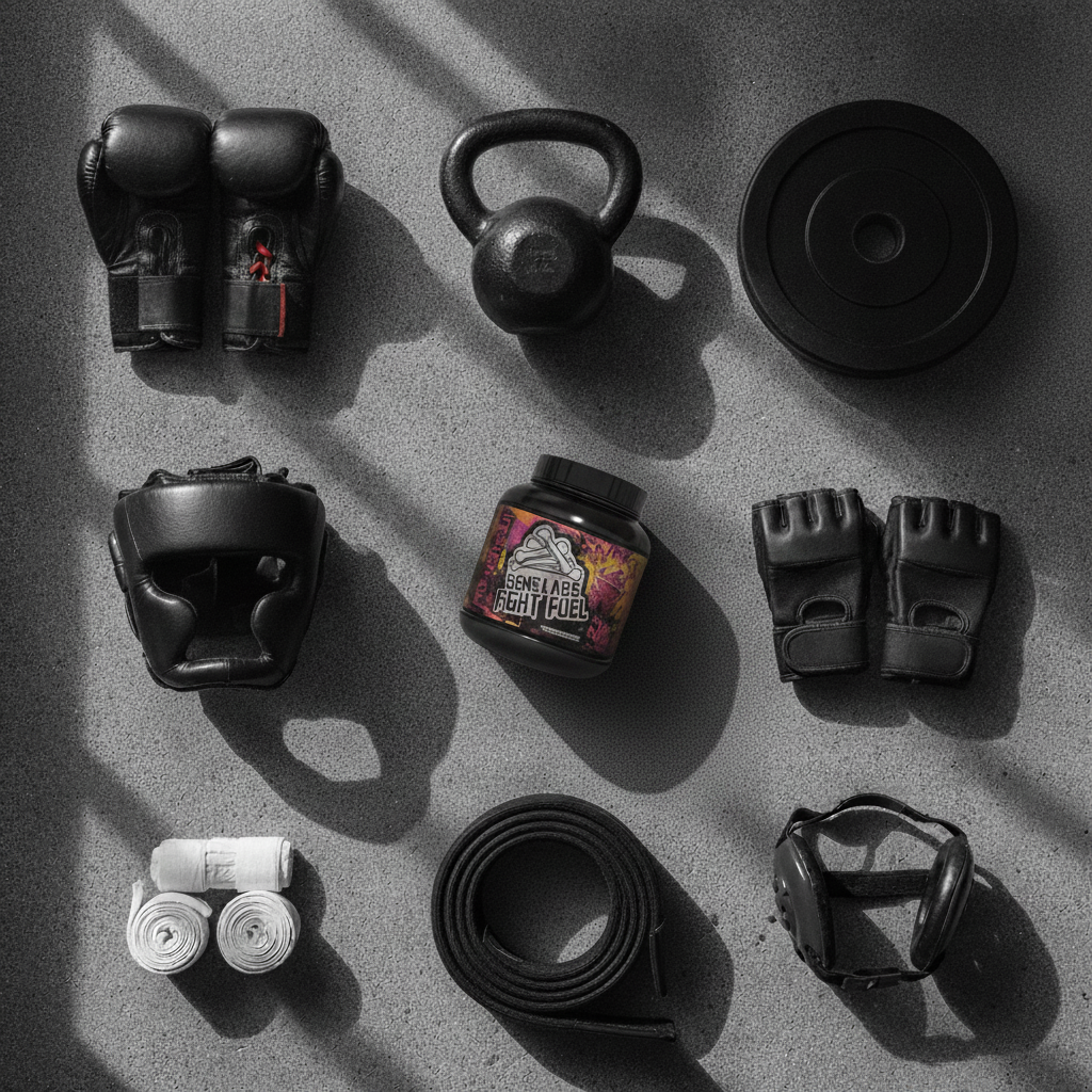 Combat sports and hybrid training gear flat-lay: boxing gloves, kettlebell, weight plate, headgear, MMA gloves, hand wraps, black belt, wrestling ear guards, and Bone Labs Fight Fuel Pre-Workout
