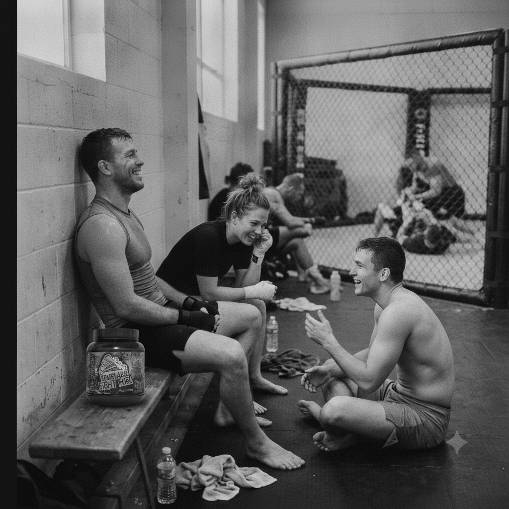 Fighters relaxing post-training with Bone Labs Fight Fuel on the bench, MMA cage in the background