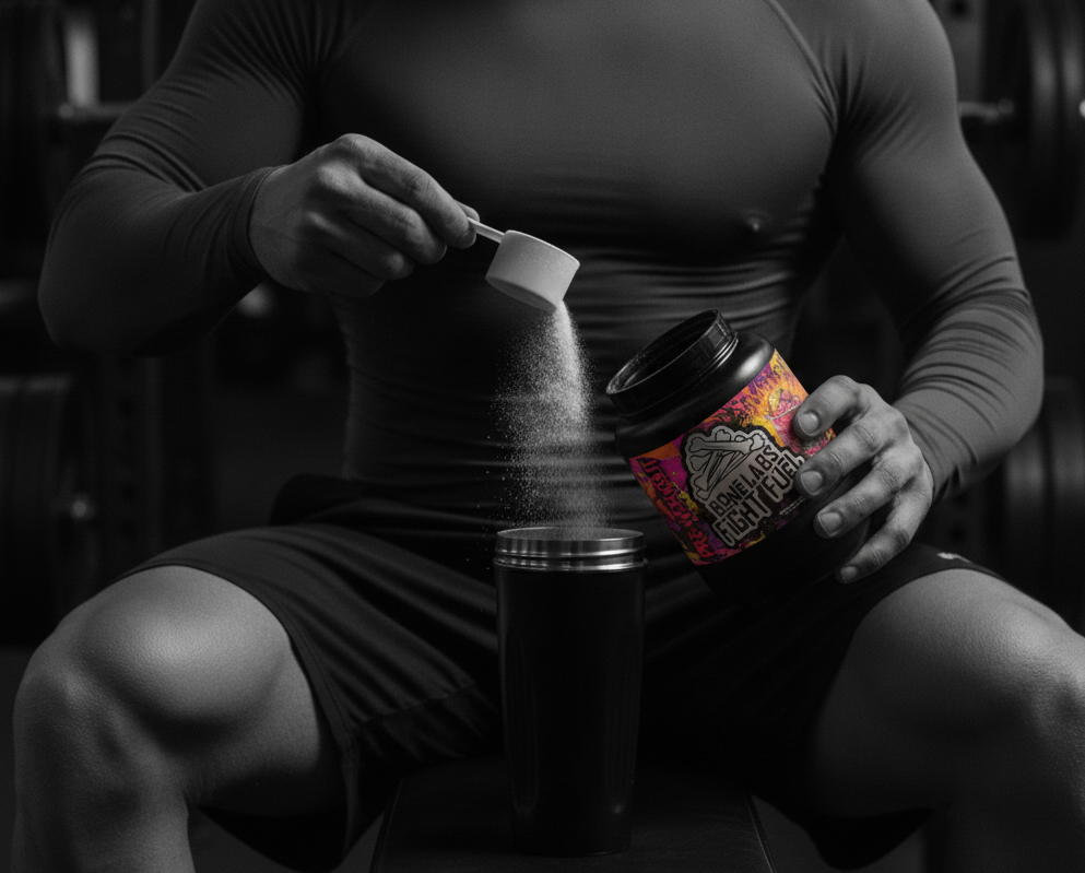 Scooping Bone Labs Fight Fuel pre-workout powder into a shaker bottle